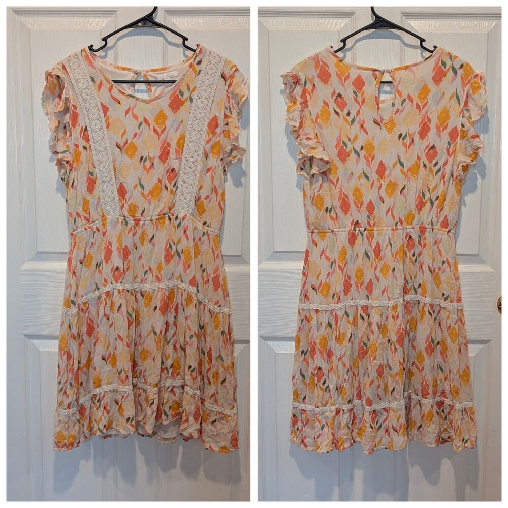 Romantic Cottagecore Prairie Peachy Toned Floral Flutter Sleeve Mini Dress Large